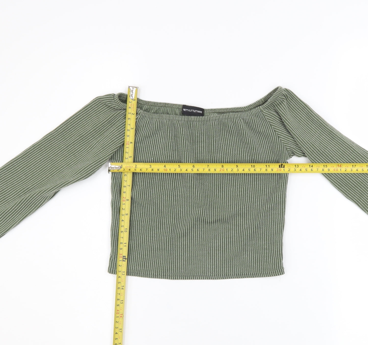 PrettyLittleThing Women’s Green Off Shoulder Ribbed Cropped Top UK 8