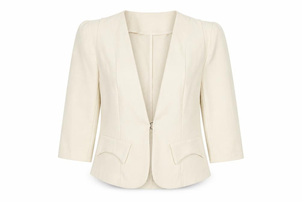 Front view of Cutie Women's Beige 3/4 Sleeve Open Blazer, size M