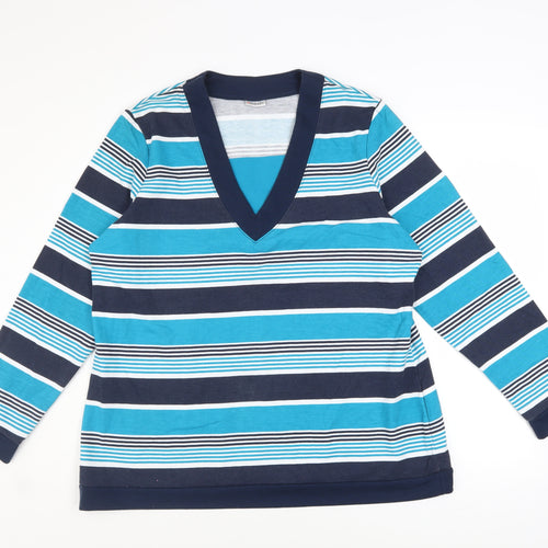 Damart Women Blue Striped V-Neck Pullover Sweatshirt L 18/20