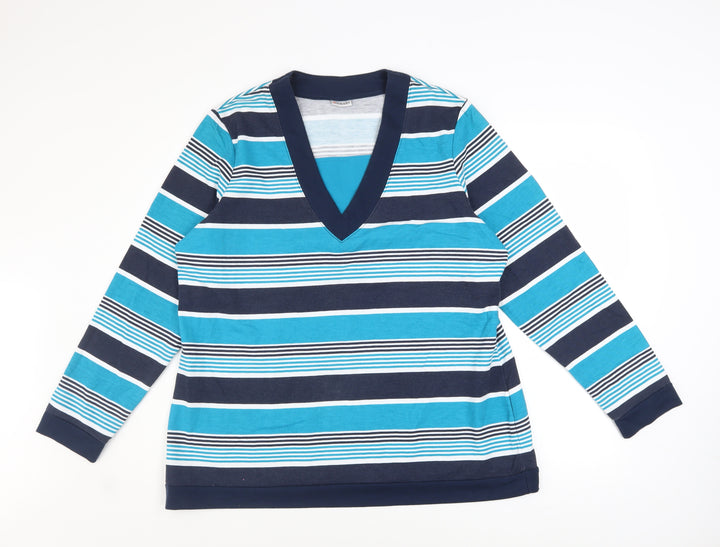 Damart Women Blue Striped V-Neck Pullover Sweatshirt L 18/20