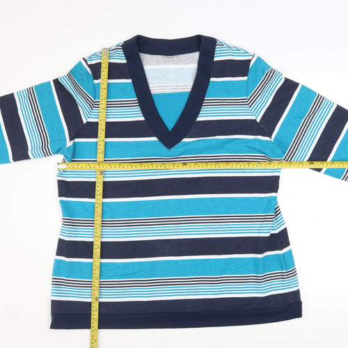 Damart Women Blue Striped V-Neck Pullover Sweatshirt L 18/20