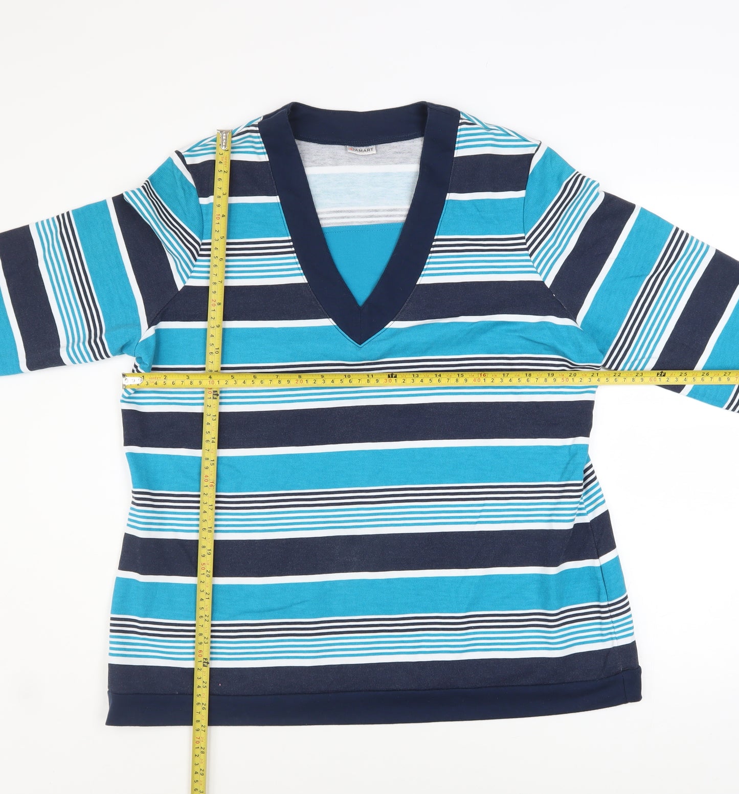 Damart Women Blue Striped V-Neck Pullover Sweatshirt L 18/20