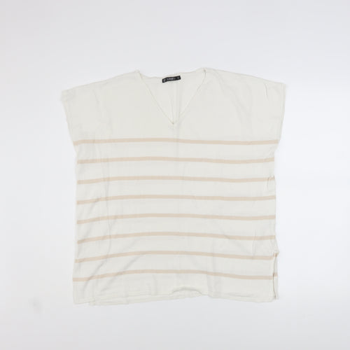Dunnes Stores Women Beige Striped V-Neck Relaxed T-Shirt Size 12