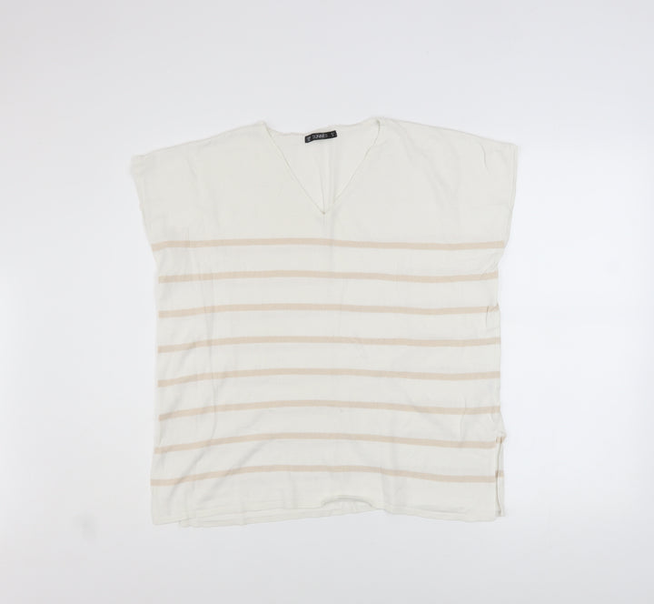 Dunnes Stores Women Beige Striped V-Neck Relaxed T-Shirt Size 12
