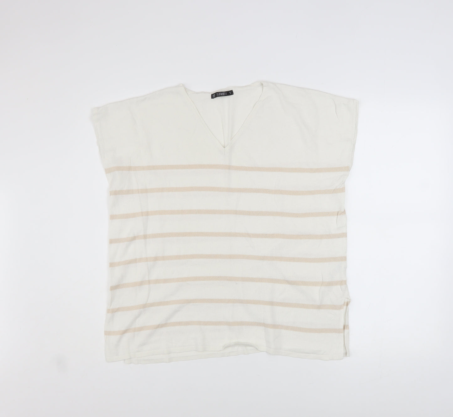 Dunnes Stores Women Beige Striped V-Neck Relaxed T-Shirt Size 12