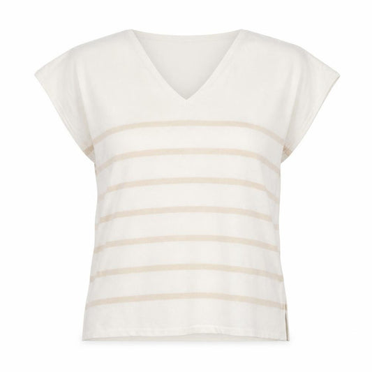 Front view of Dunnes Women Beige Striped V-Neck Relaxed T-Shirt, size 12
