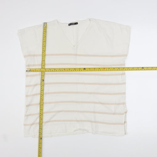 Dunnes Stores Women Beige Striped V-Neck Relaxed T-Shirt Size 12