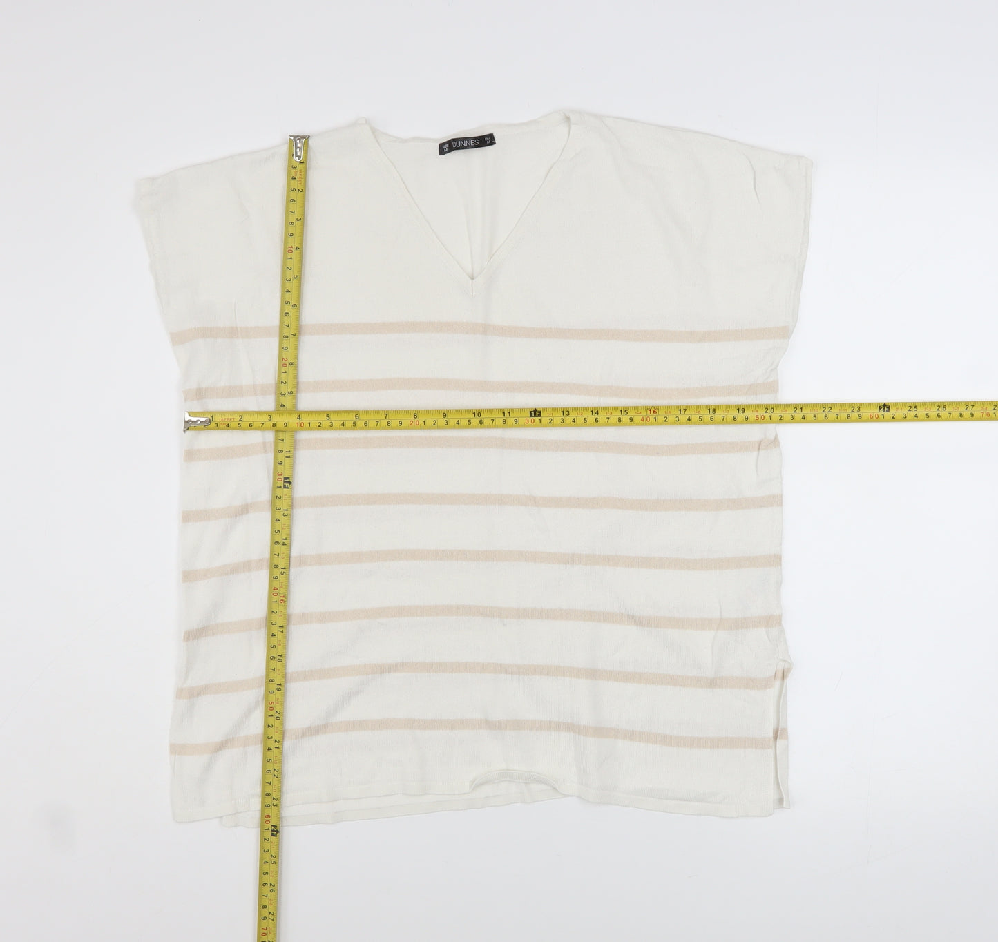 Dunnes Stores Women Beige Striped V-Neck Relaxed T-Shirt Size 12