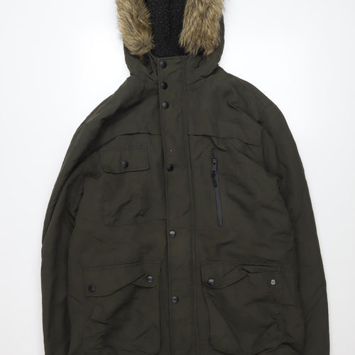 Holmes & Co Men’s Green Parka Jacket M Hooded Faux Fur Trim Winter Coat