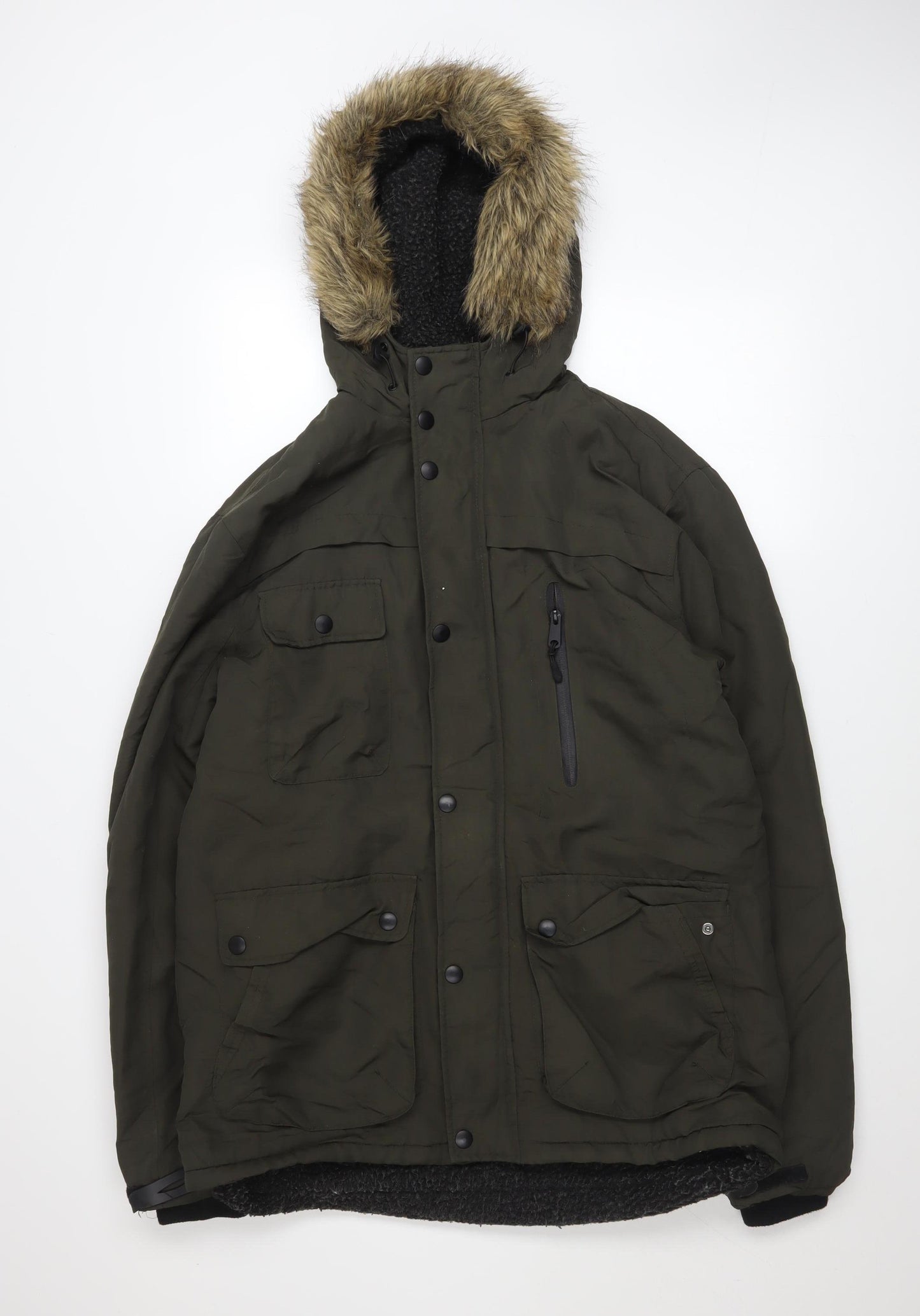 Holmes & Co Men’s Green Parka Jacket M Hooded Faux Fur Trim Winter Coat