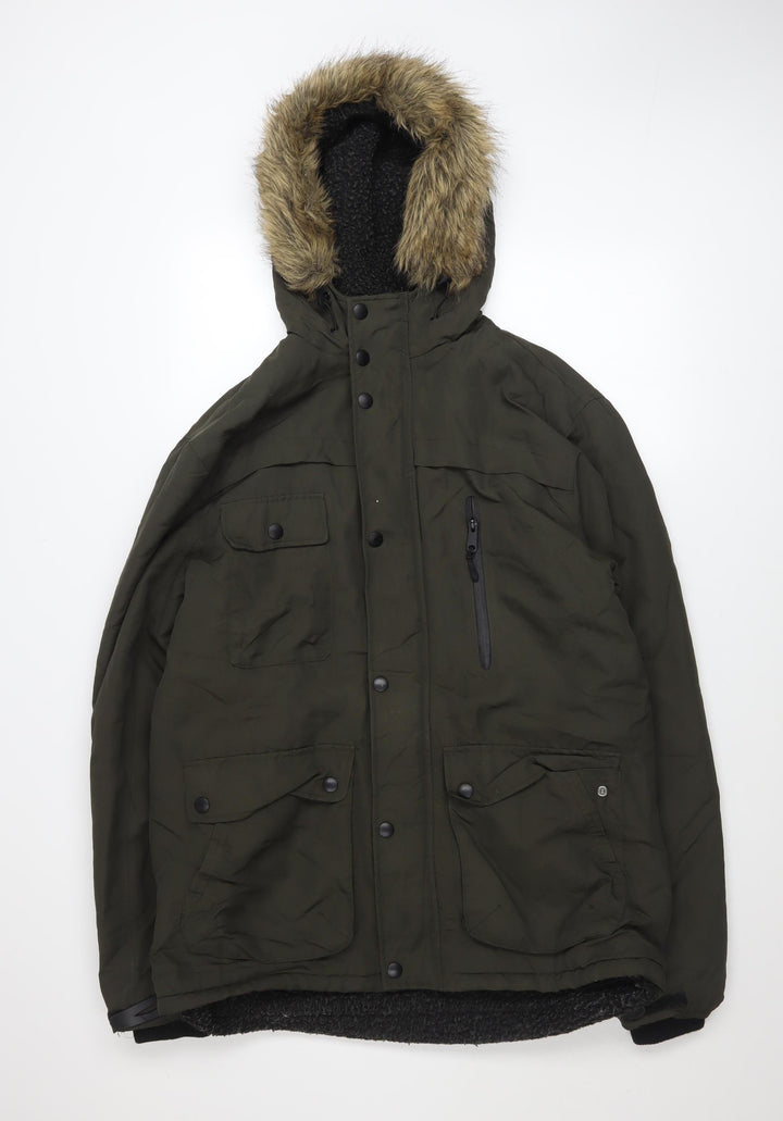 Holmes & Co Men’s Green Parka Jacket M Hooded Faux Fur Trim Winter Coat