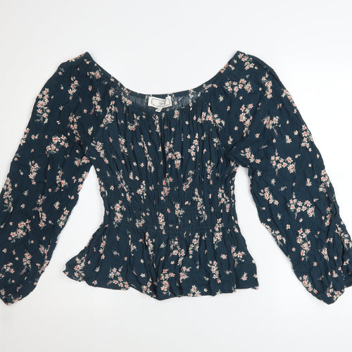 Hippie Rose Womens Blue Floral Peasant Blouse Long Sleeve Size L