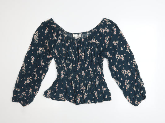 Hippie Rose Womens Blue Floral Peasant Blouse Long Sleeve Size L