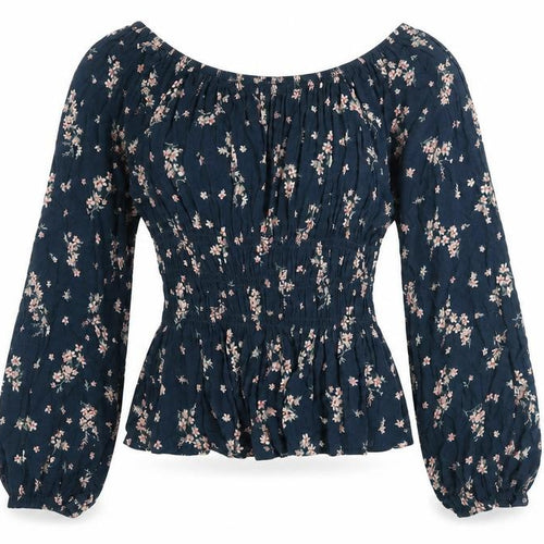 Hippie Rose Womens Blue Floral Peasant Blouse Long Sleeve Size L