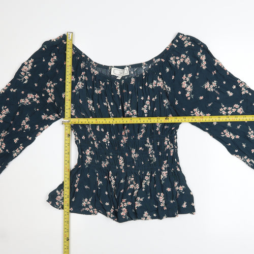 Hippie Rose Womens Blue Floral Peasant Blouse Long Sleeve Size L