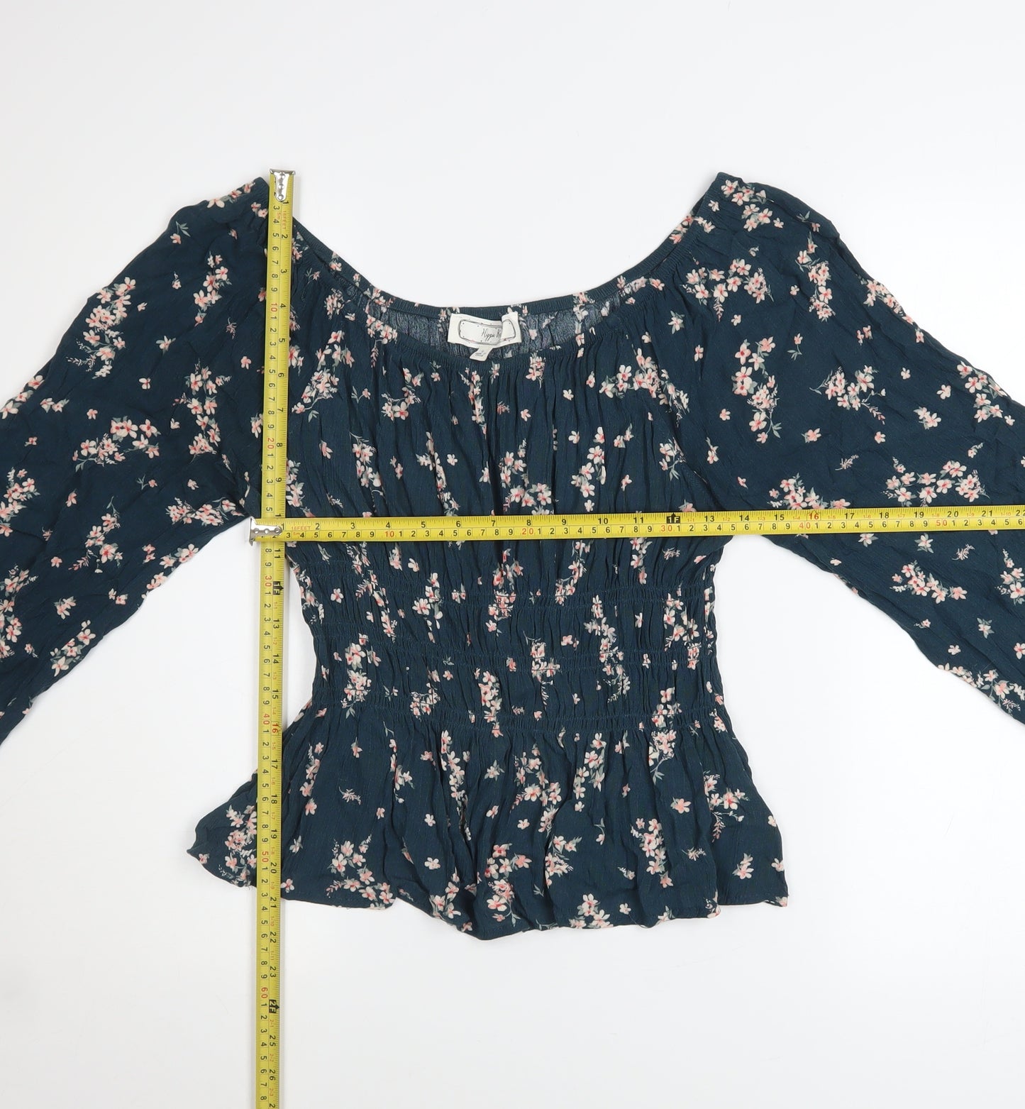 Hippie Rose Womens Blue Floral Peasant Blouse Long Sleeve Size L