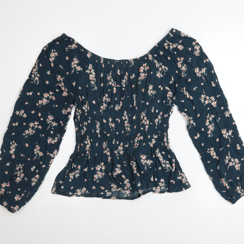 Hippie Rose Womens Blue Floral Peasant Blouse Long Sleeve Size L