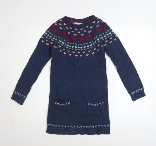 FatFace Girls Blue Fair Isle Knit Sweater Dress 10-11 Years Long Sleeve