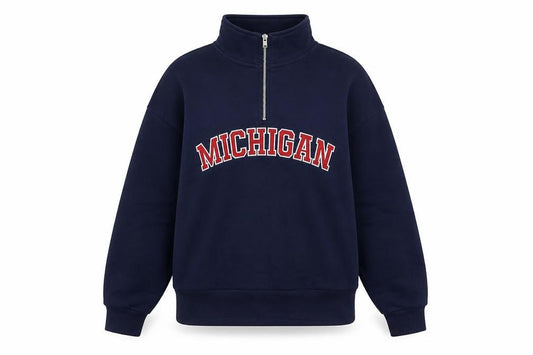 Front view of Dunnes Women’s Navy 1/2 Zip Michigan Sweatshirt XS