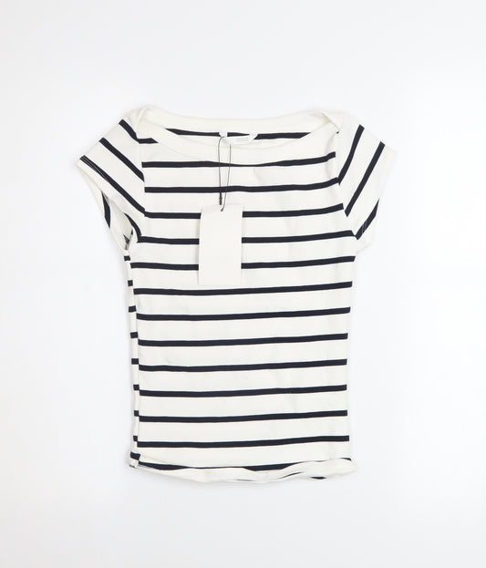 Zara Womens White Striped Boat Neck Short Sleeve Cotton T-Shirt Size M