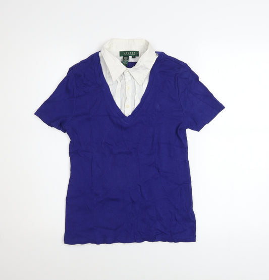 Ralph Lauren Women’s Blue V-Neck Button-Up Short Sleeve Cotton Shirt Size M