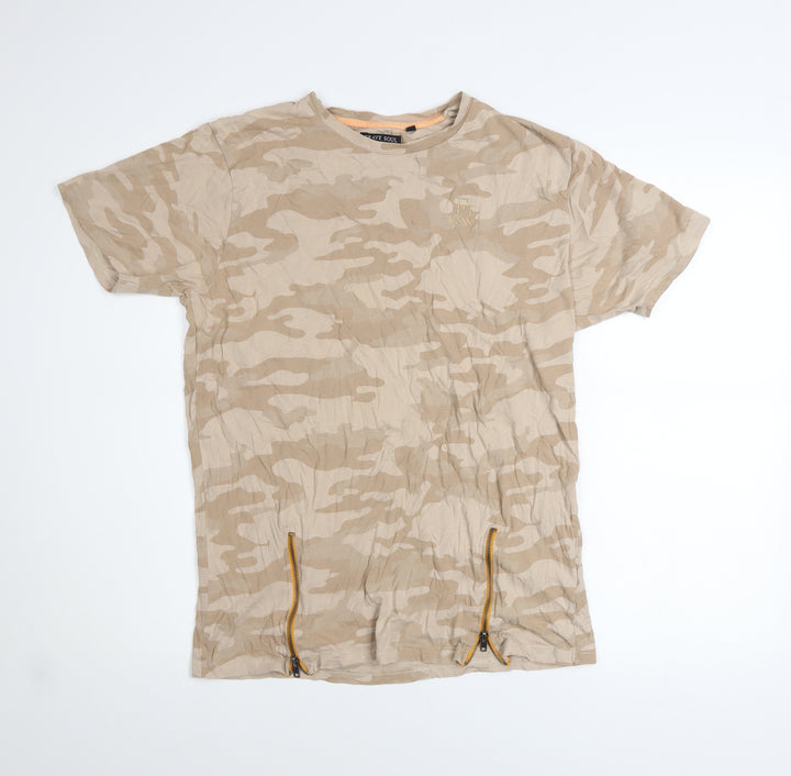 Brave Soul Men's Beige Camouflage Cotton T-Shirt Size L with Zip Accents