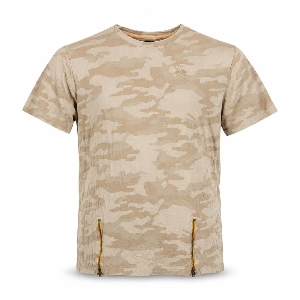 Brave Soul Men's Beige Camouflage Cotton T-Shirt Size L with Zip Accents