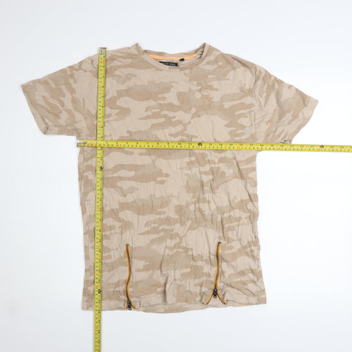 Brave Soul Men's Beige Camouflage Cotton T-Shirt Size L with Zip Accents