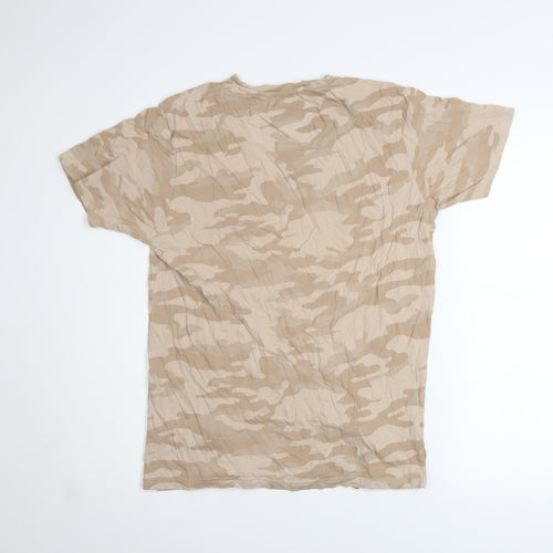 Brave Soul Men's Beige Camouflage Cotton T-Shirt Size L with Zip Accents