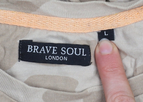 Brave Soul Men's Beige Camouflage Cotton T-Shirt Size L with Zip Accents
