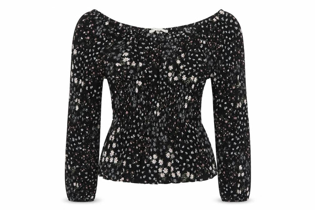Front view of Hippie Rose women’s black floral off shoulder boho blouse, size S