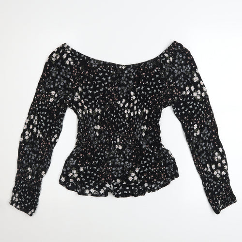 Hippie Rose Womens Black Floral Off Shoulder Boho Blouse Size S