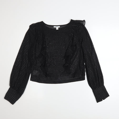 Bar III Women's Black Ruffle Cropped Long Sleeve Blouse M