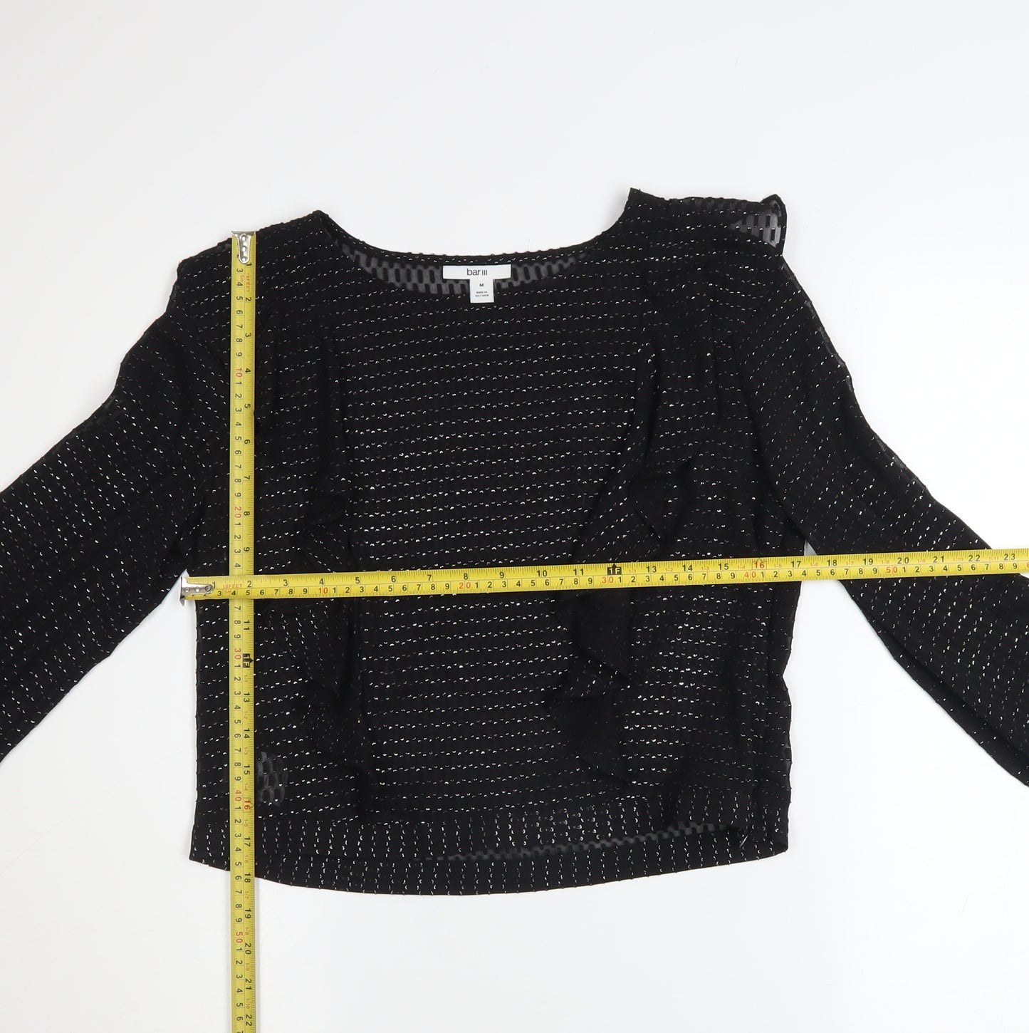 Bar III Women's Black Ruffle Cropped Long Sleeve Blouse M