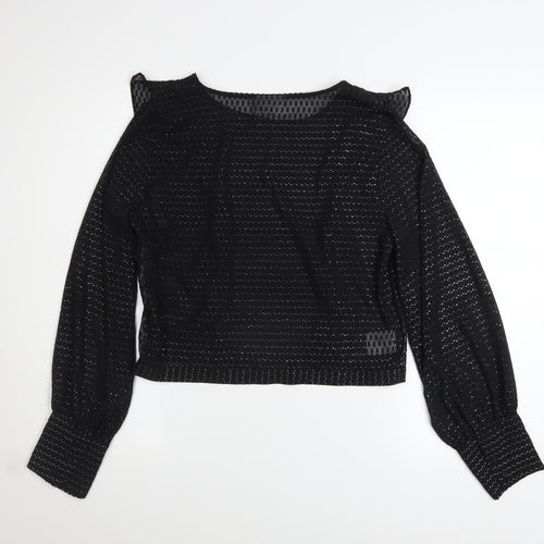 Bar III Women's Black Ruffle Cropped Long Sleeve Blouse M