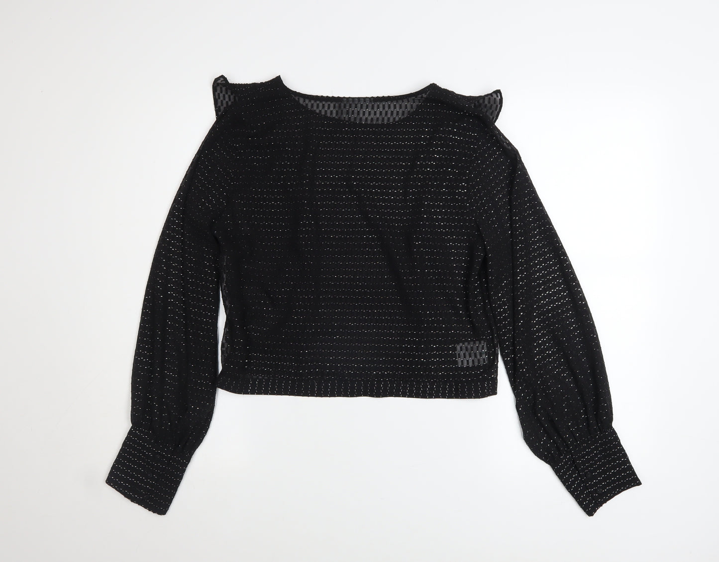 Bar III Women's Black Ruffle Cropped Long Sleeve Blouse M