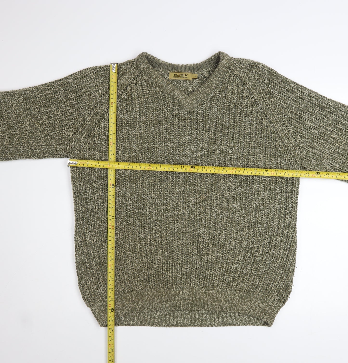 P.G. Field Men's Green Chunky-Knit V-Neck Pullover Jumper Size M