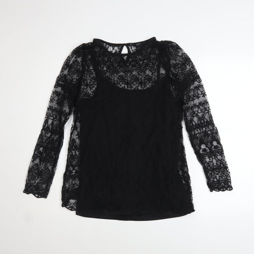 F&F Women's Black Lace Long Sleeve Blouse UK 10 Classic Style