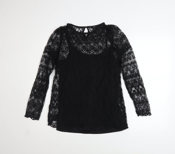 F&F Women's Black Lace Long Sleeve Blouse UK 10 Classic Style