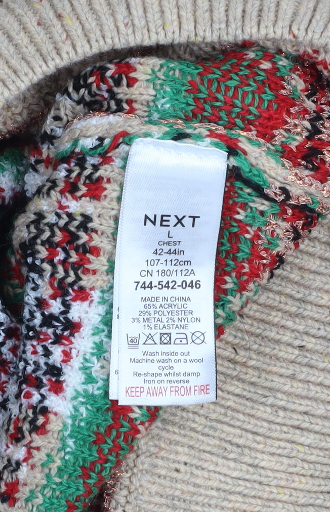 Next Men's Beige Christmas Fair Isle Jumper L Regular Fit