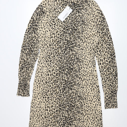 Coast Women Beige Animal Print Long Sleeve Shift Dress Size S