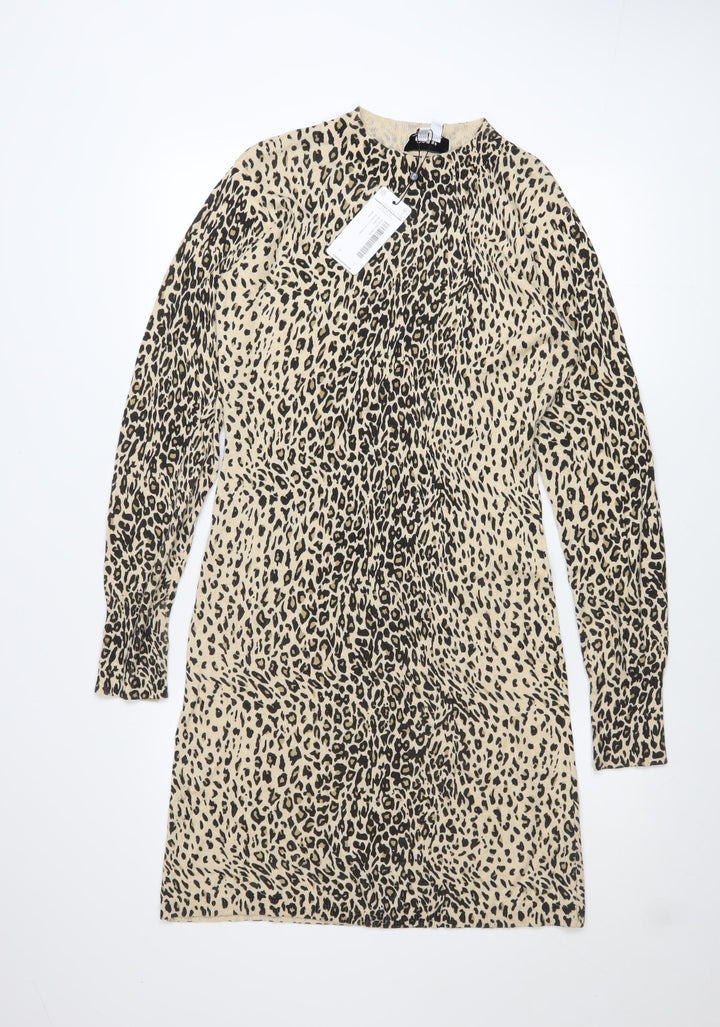 Coast Women Beige Animal Print Long Sleeve Shift Dress Size S