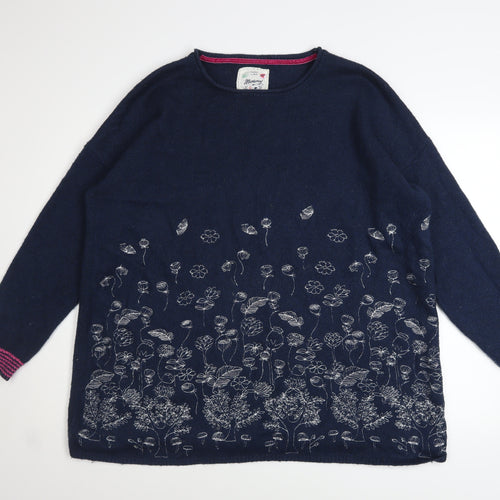 Mantaray Women’s Blue Floral Embroidered Cotton Wool Jumper Size L
