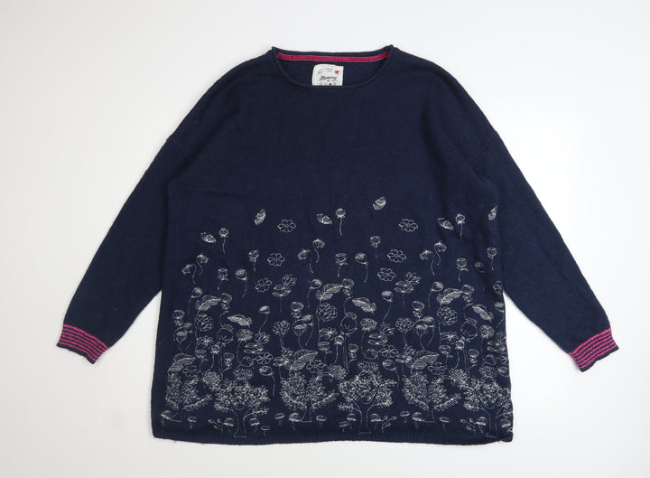 Mantaray Women’s Blue Floral Embroidered Cotton Wool Jumper Size L