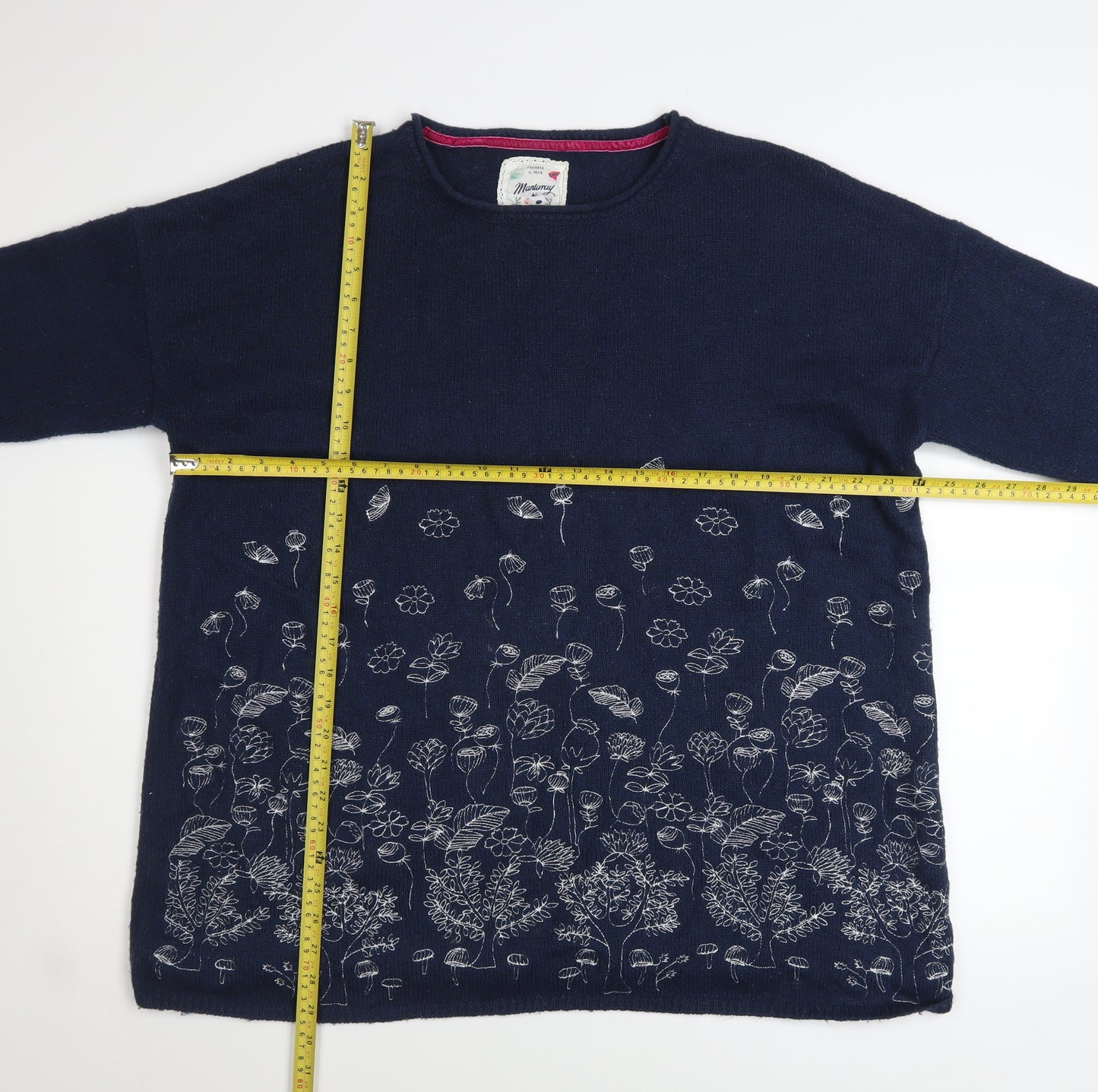 Mantaray Women’s Blue Floral Embroidered Cotton Wool Jumper Size L