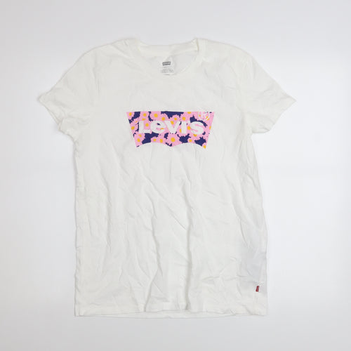 Levi's Women's White Floral Logo T-Shirt Size S Cotton Short Sleeve