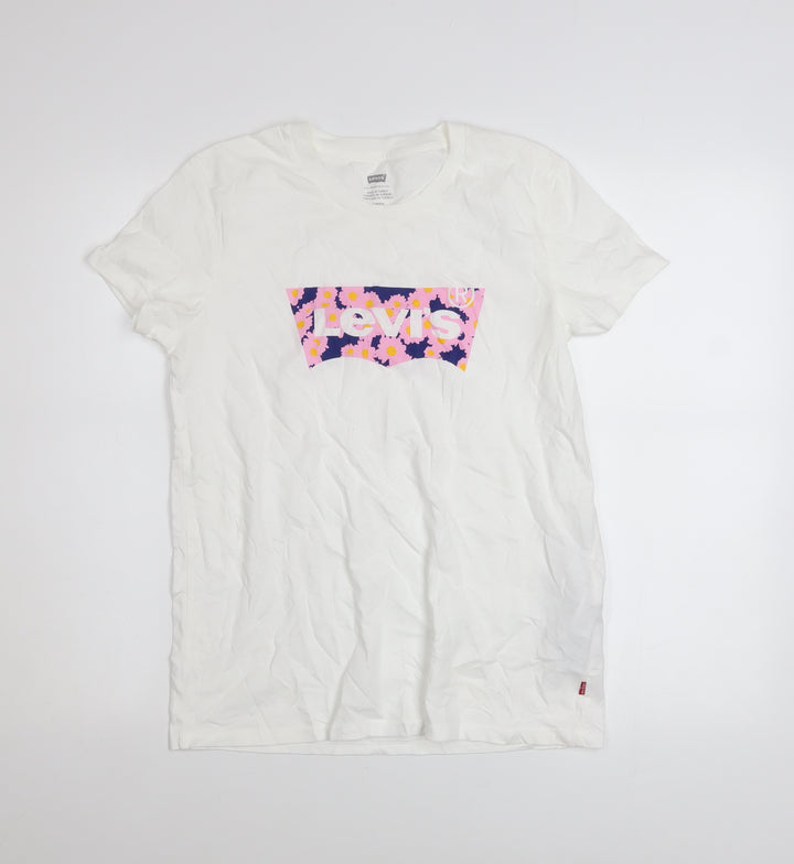 Levi's Women's White Floral Logo T-Shirt Size S Cotton Short Sleeve