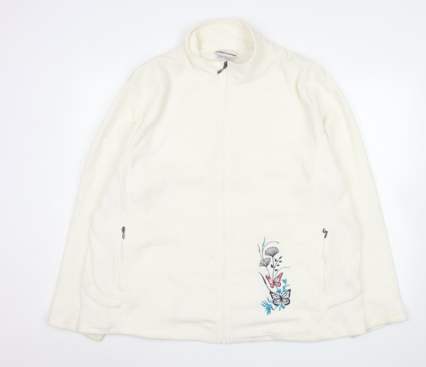 Atlasforwomen White Embroidered Fleece Jacket Women’s Plus 24-26 Zip Pockets