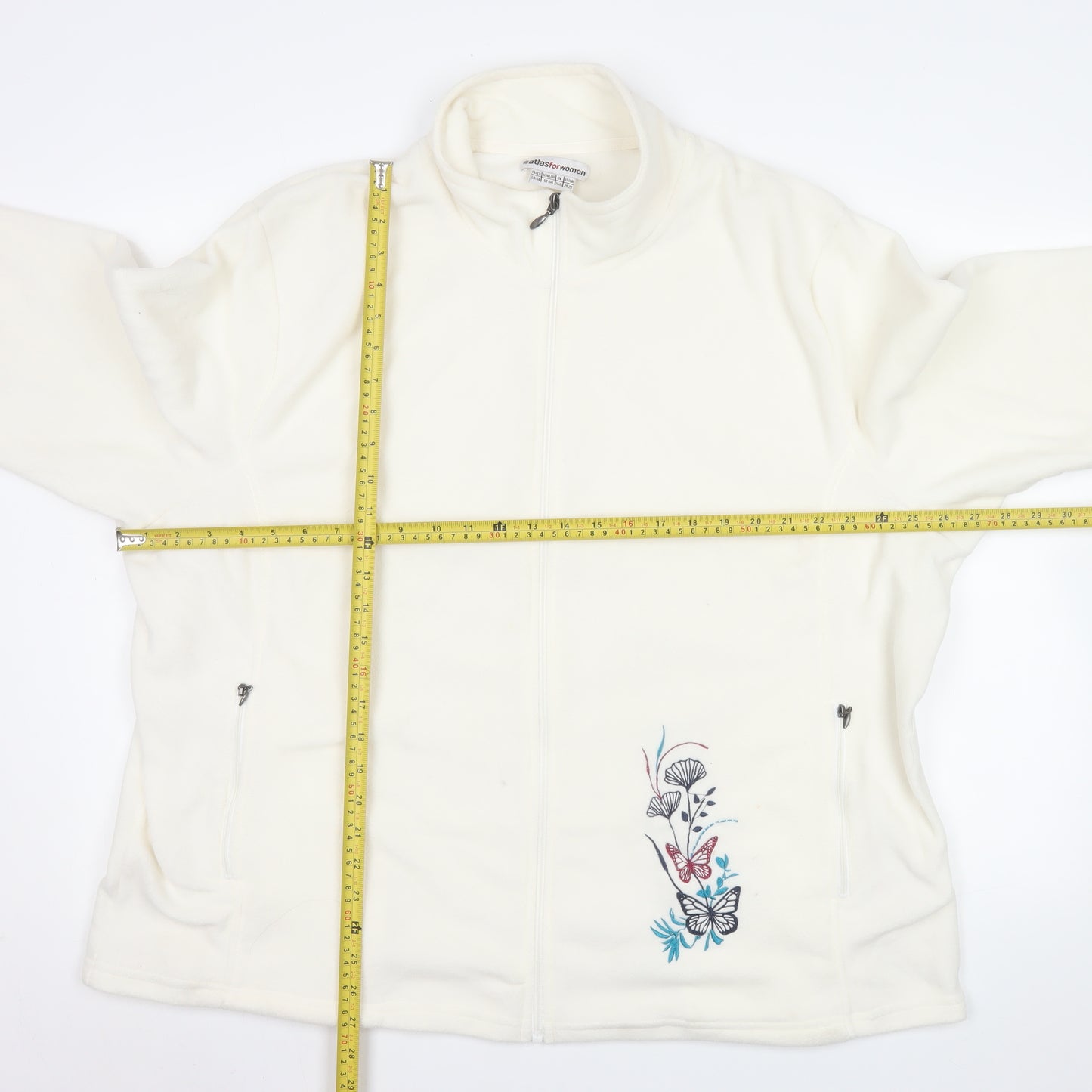 Atlasforwomen White Embroidered Fleece Jacket Women’s Plus 24-26 Zip Pockets