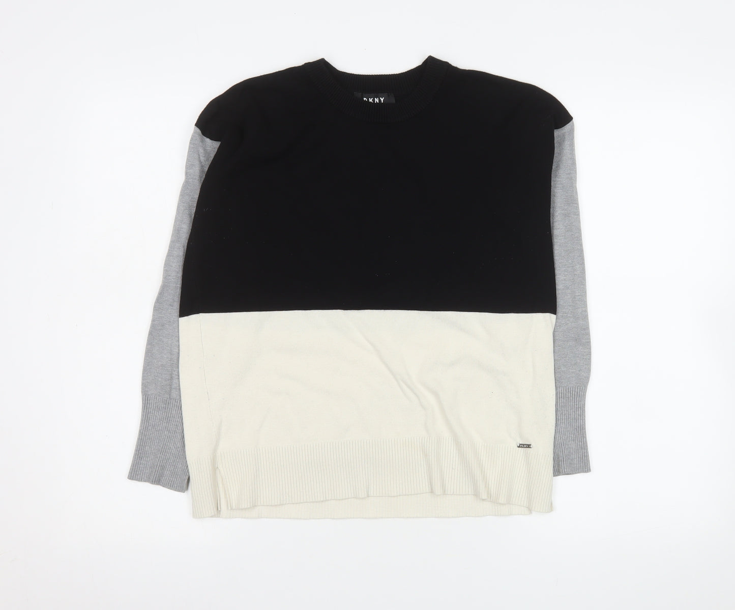 DKNY Men's Black Grey Colour Block Crew Neck Jumper Size S